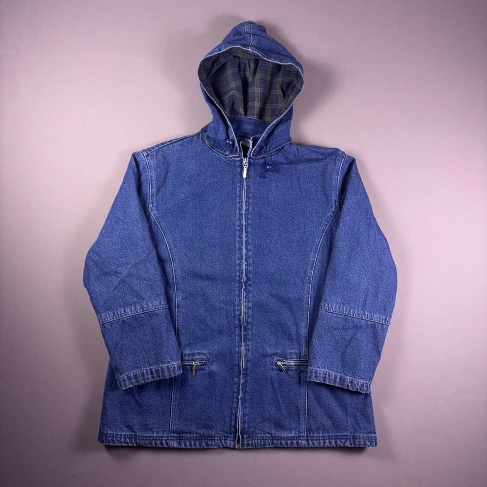 NorthStyle Denim Jacket Womens Large Blue Plaid Lined Hooded Zip Up Barn Coat